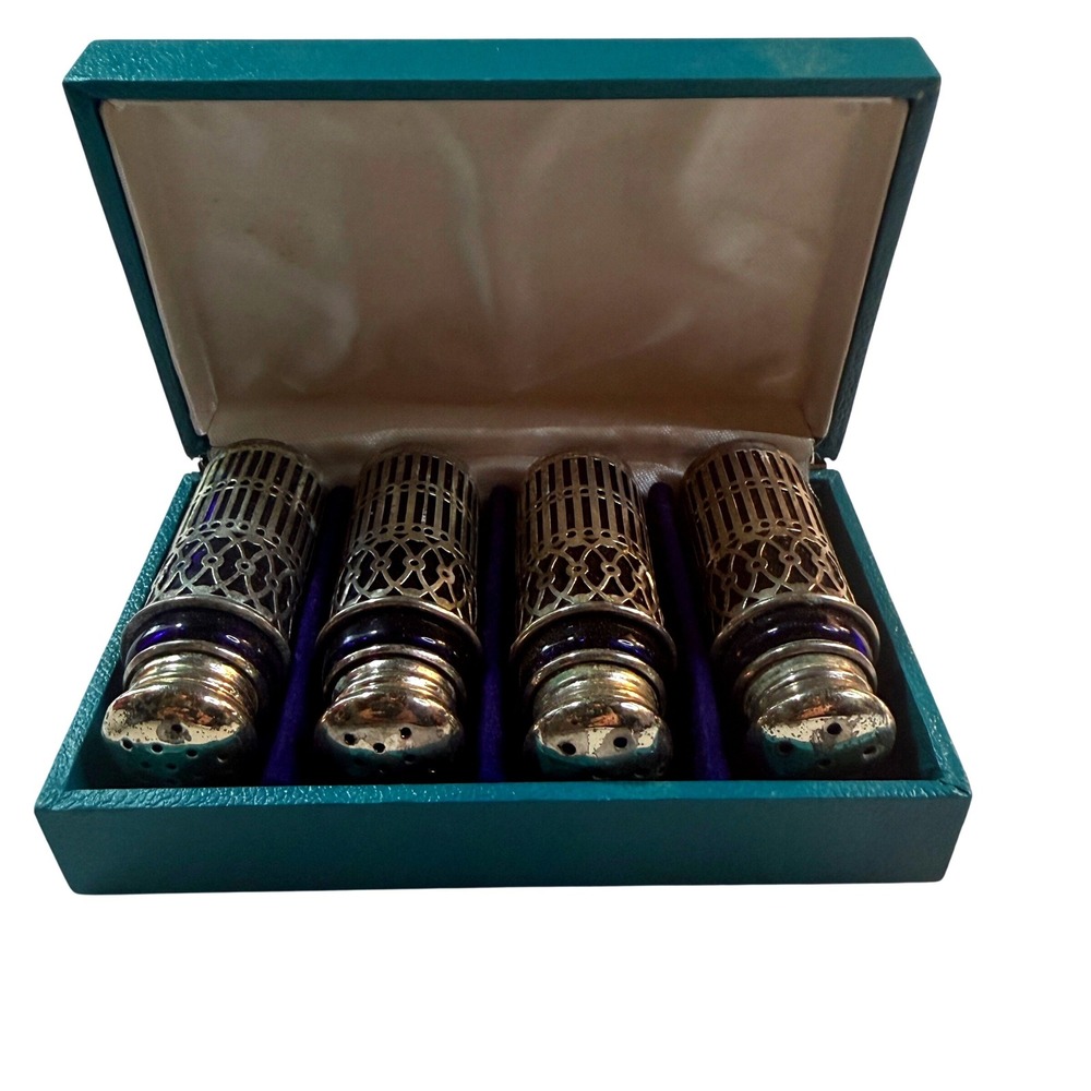 Vintage MCM Japan Cobalt Blue Glass Salt Pepper Shakers Silverplate‎ Box Set